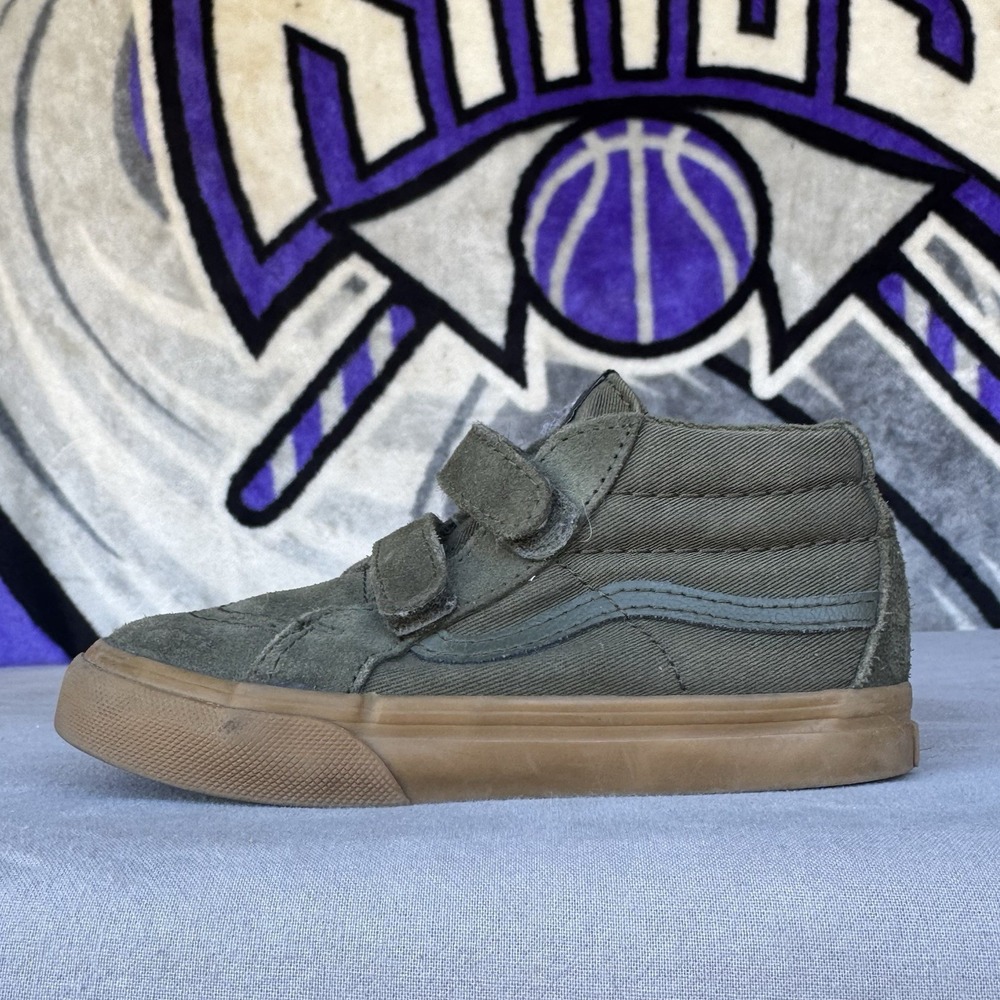 Size 9.5c - Vans SK8-Mid Reissue V Kids Olive Suede Hook Loop Sneakers